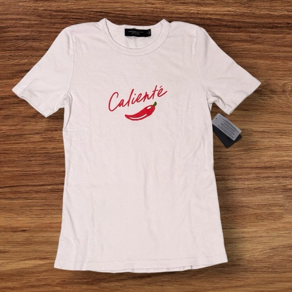 Junk Food Clothing Tops - Junk Food Clothing Women’s 
CALIENTE PEPPER Logo Super‎ Slim Distressed Tee Sz S